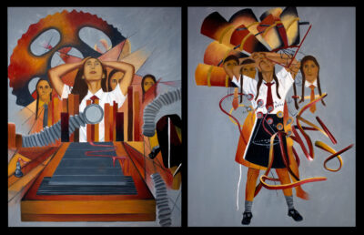 Oil on canvas by Jessica Stewart, Year 12 Student artwork of a girl in distress