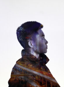 Digital montage on paper, by Kevin Pang, Year 8 Student artwork of multicultural portrait series