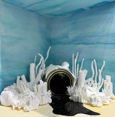 Mixed media diorama by Olivia Georgakis, Year 10 Student artwork of an oil spill in a reef
