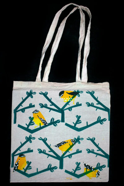 Fabric dye and stencil screen print on fabric by Mary Wang, Year 6 Student artwork of a handmade tote bag