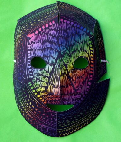 Scratchback paper mask by Genesis Williams, Year 5 Student artwork of a paper mask