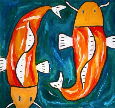 Acrylic on brown paper by Rachel Cho, Year 4 Student artwork of two koi fish