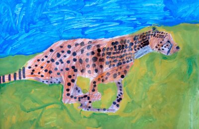 Acrylic and pencil on paper by Eric Li, Year 1 Student artwork of a running cheetah