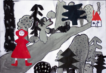 Collage on paper, by Ghala Althbyani Student artwork of Little Red Riding Hood