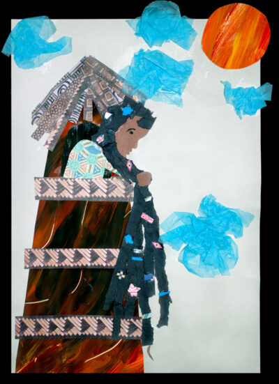 Collage on paper, by Maeve Jones Student artwork of Rapunzel in her tower