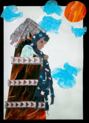 Collage on paper, by Maeve Jones Student artwork of Rapunzel in her tower