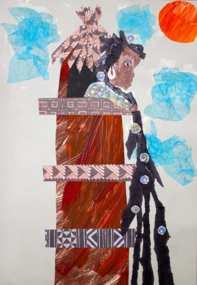 Collage on paper, by Ashwin Krishnan Student artwork of Rapunzel in her tower