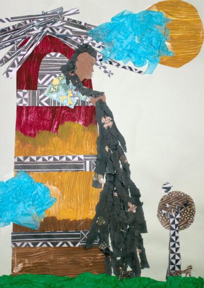 Collage on paper by Samaya Sharan Student artwork of Rapunzel in her tower