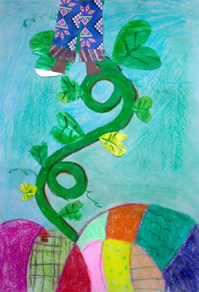 Mixed Media on Paper by Shelley Zeilke Student artwork of Jack and the beanstalk