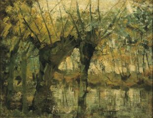 by Piet Mondrian, circa 1905. Oil on canvas.
Height: 35 cm Width: 45 cm
Part of the Dallas Museum of Art collection Piet Mondrian painting Willow Grove: Impression of Light and Shadow