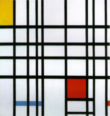 by Piet Mondrian, circa 1942. Oil on canvas.
Height: 69.2 cm Width: 72.7 cm
Part of the Tate collection Piet Mondrian painting Composition with Red, Yellow and Blue