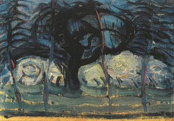 by Piet Mondrian, circa 1908. Oil on paper mounted on canvas.
Height: 27.2 cm Width: 38.4 cm
Part of the Zeeuws Museum in Middleburg collection Piet Mondrian painting Apple Tree in Blue with Wavy Lines I