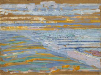 by Piet Mondrian, circa 1909. Oil and pencil on cardboard.
Height: 28.5 cm Width: 38.5 cm
Part of the Museum of Modern Art collection Piet Mondrian painting View from the Dunes with Beach and Piers