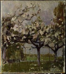 by Piet Mondrian, circa 1902-1905. Oil on canvas.
Height: 28 cm Width: 24 cm
Part of the Kunstmuseum Den Haag collection Piet Mondrian painting Blossoming Trees before a Haystack