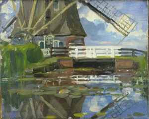 by Piet Mondrian, circa 1902-1903. Oil on canvas mounted on cardboard.
Height: 30.2 cm Width: 38.1 cm
Part of the Museum of Modern Art collection Piet Mondrian painting Broekzijdse Molen on the Gein