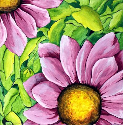 Student artwork of pink flowers and green foliage