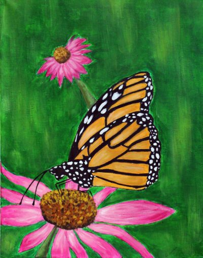 Student artwork of a butterfly on a pink flower