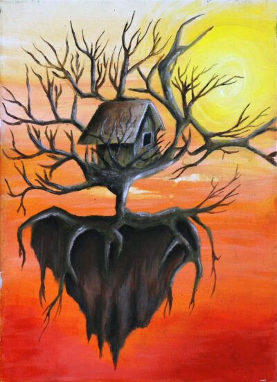 Student artwork of a floating tree house