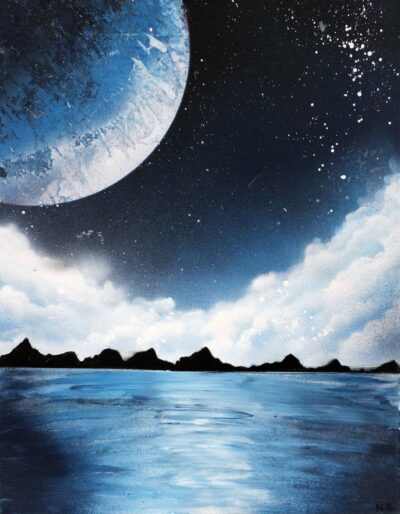 Student artwork of a moon, night sky and ocean