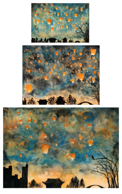 Student artwork of lantern-lit nights