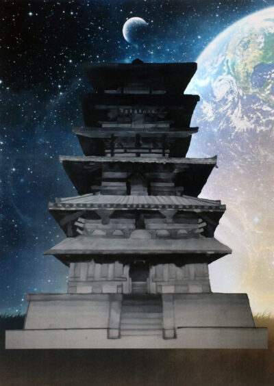 Student artwork pf a pagoda at night
