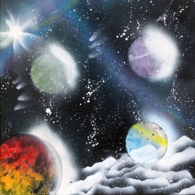 Student artwork of four planets