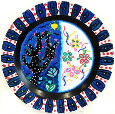 Student artwork of a plate with plants