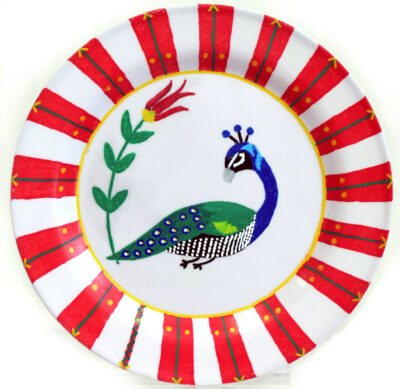 Student artwork of a plate with a peacock