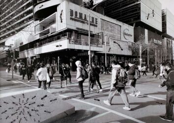 Student artwork of a busy street