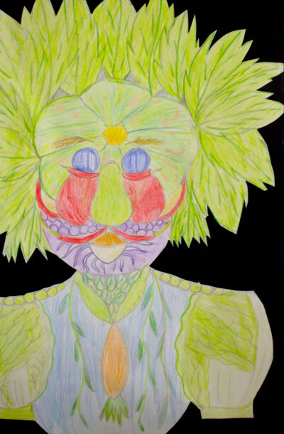 Student artwork of a portrait made of fruit