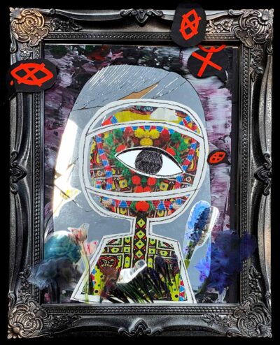 Student artwork of a one-eyed being looking out of a frame