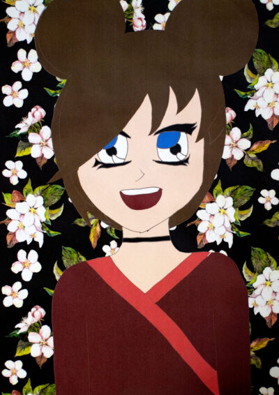 Student artwork of a manga self-portrait