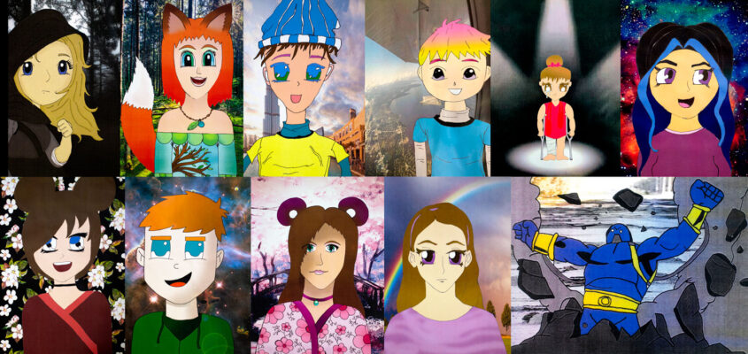 Student artwork of a manga self-portrait