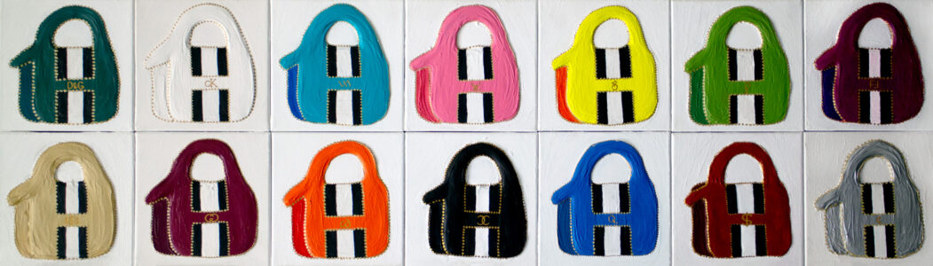 Student artwork of many different coloured handbags