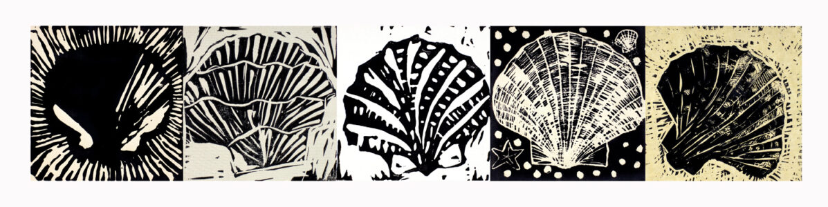 Student artwork of black and white seashells