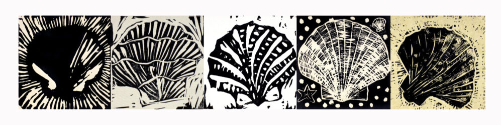 Student artwork of black and white seashells