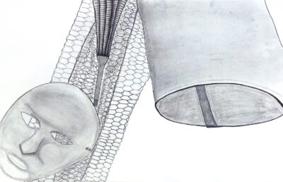 Student artwork of a still life with mask