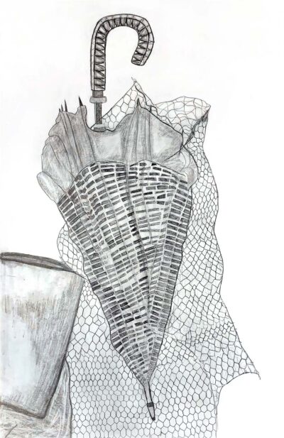 Student artwork of a still life with umbrella