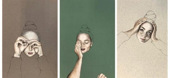 Student artwork of a portrait triptych