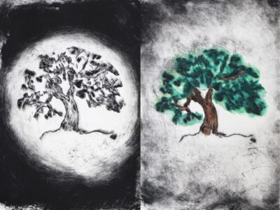 Student artwork of two trees