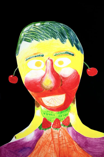 Student artwork of a portrait made of fruit