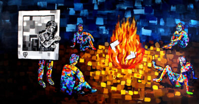 Student artwork of people sitting around a campfire