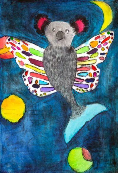 Student artwork of make-believe koala with wings
