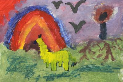 Student artwork of llama and a rainbow