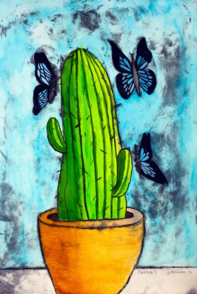 Student artwork of a cactus with butterflies