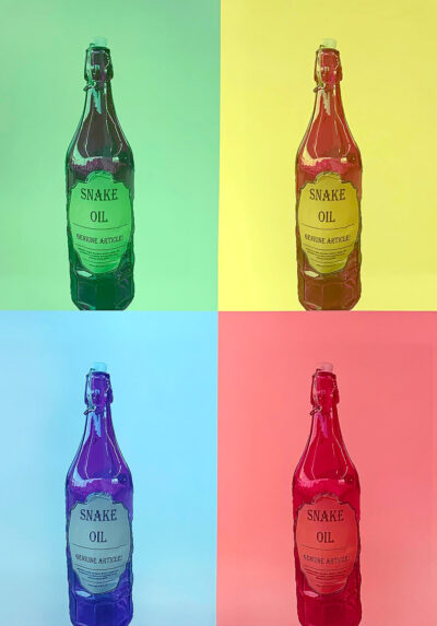 Student artwork of snake oil bottles popart