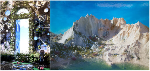 Student artwork of a doorway and a mountain