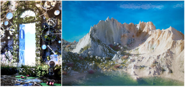 Student artwork of a doorway and a mountain