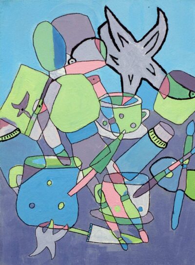 Student artwork still life with brushes