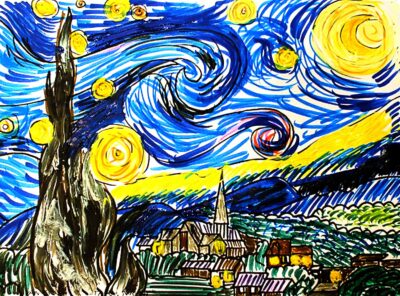 Digital print of artwork from paint and marker by Michael Vassiliou, Year 2, Christian College Geelong Student artwork of Van Gogh's Starry Night